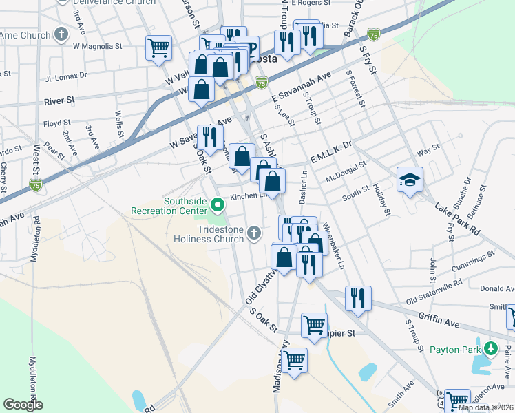 map of restaurants, bars, coffee shops, grocery stores, and more near 604 Bay Street in Valdosta