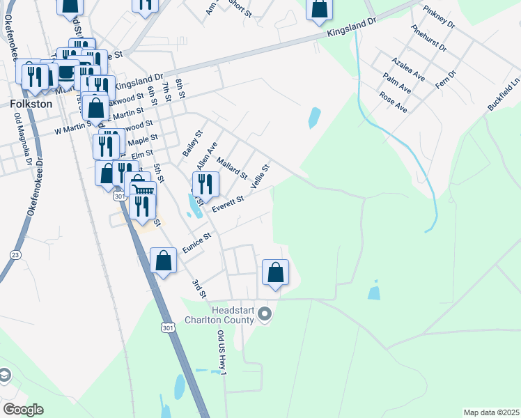 map of restaurants, bars, coffee shops, grocery stores, and more near 179 Mitchell Street in Folkston