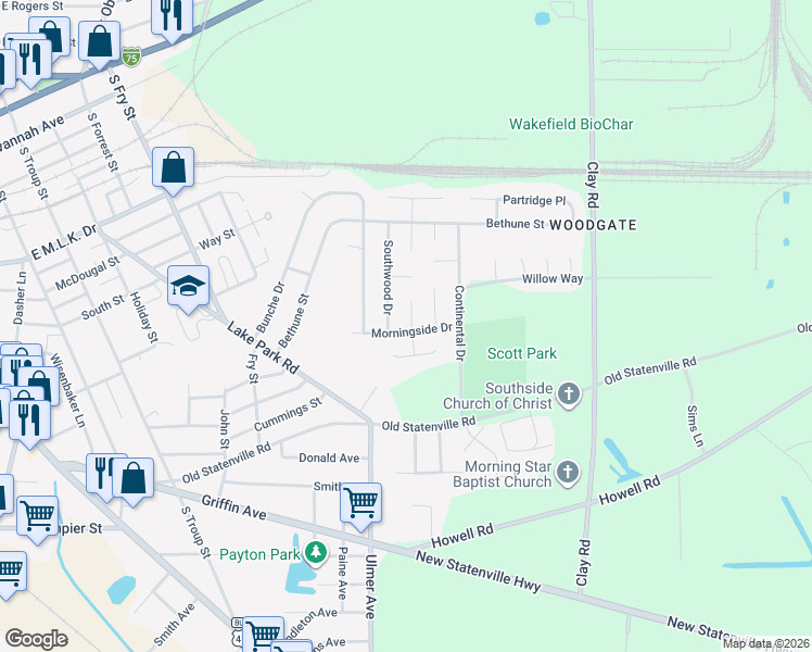 map of restaurants, bars, coffee shops, grocery stores, and more near 1104 Morningside Drive in Valdosta