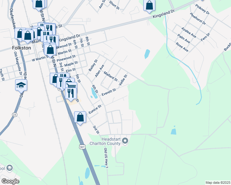 map of restaurants, bars, coffee shops, grocery stores, and more near 179 Mitchell Street in Folkston