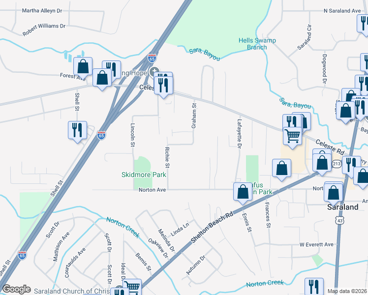 map of restaurants, bars, coffee shops, grocery stores, and more near 513 Graham Street in Saraland