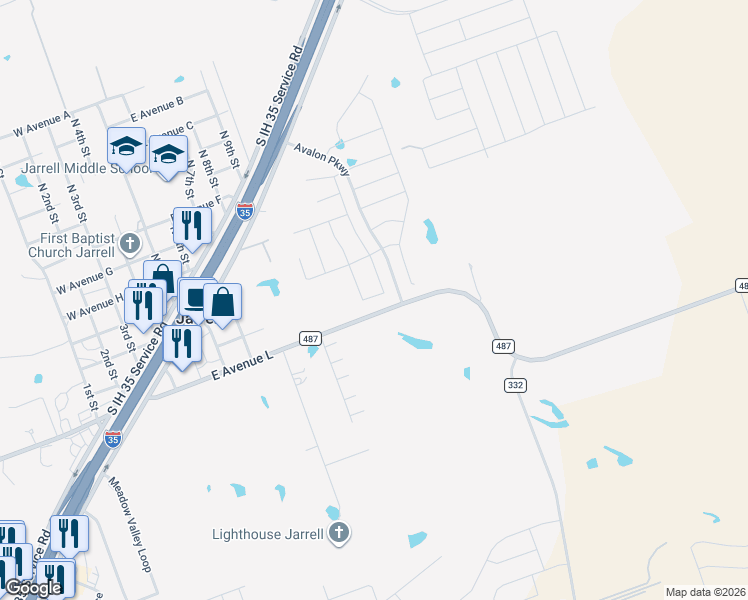 map of restaurants, bars, coffee shops, grocery stores, and more near Farm to Market 487 in Jarrell