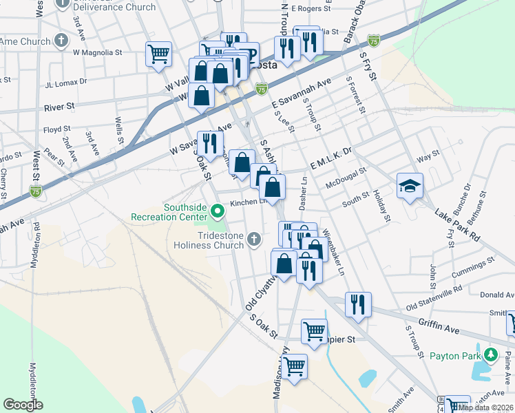 map of restaurants, bars, coffee shops, grocery stores, and more near 604 Bay Street in Valdosta
