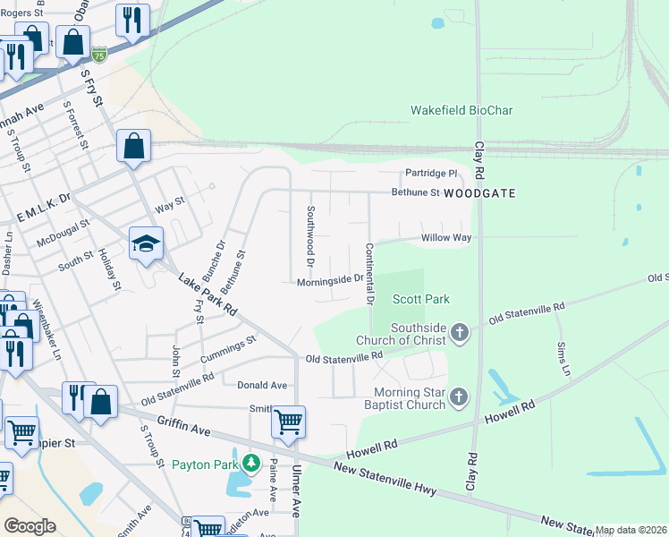 map of restaurants, bars, coffee shops, grocery stores, and more near 1104 Morningside Drive in Valdosta
