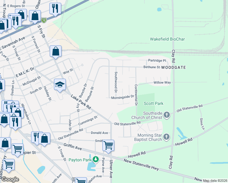 map of restaurants, bars, coffee shops, grocery stores, and more near 1035 Bunche Drive in Valdosta