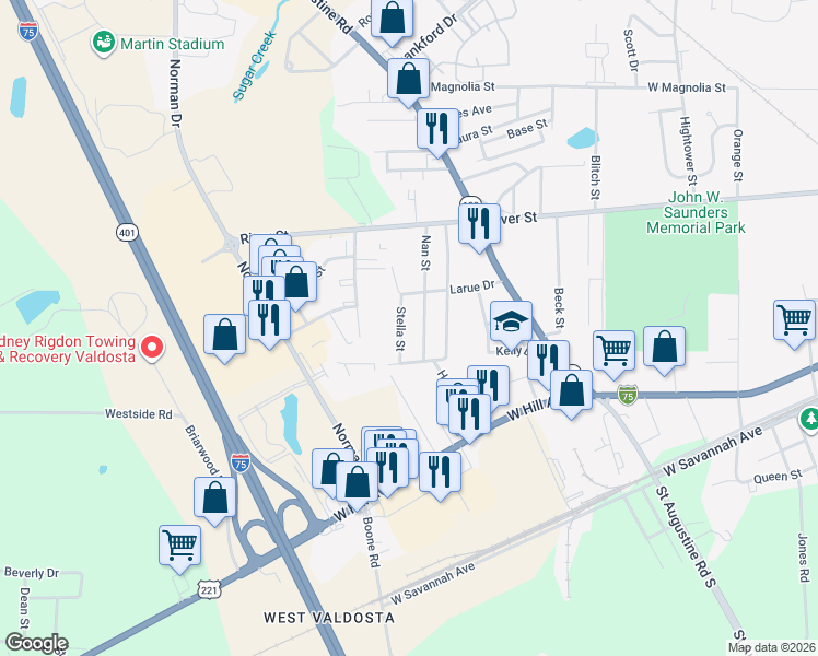 map of restaurants, bars, coffee shops, grocery stores, and more near 211 Stella Street in Valdosta