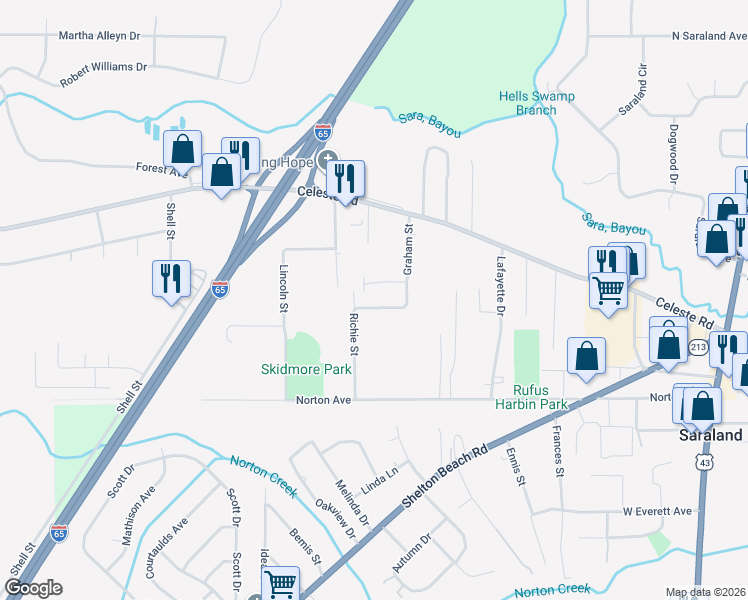 map of restaurants, bars, coffee shops, grocery stores, and more near 513 Graham Street in Saraland