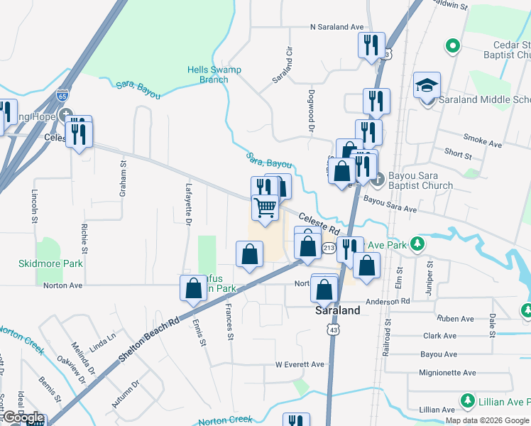map of restaurants, bars, coffee shops, grocery stores, and more near County Road 41 in Saraland