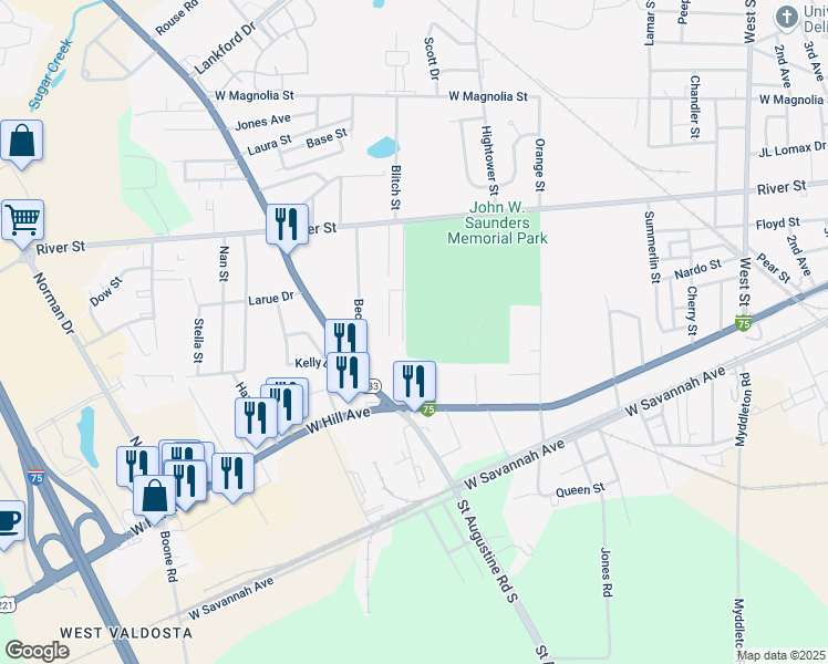 map of restaurants, bars, coffee shops, grocery stores, and more near 1315 River Street in Valdosta