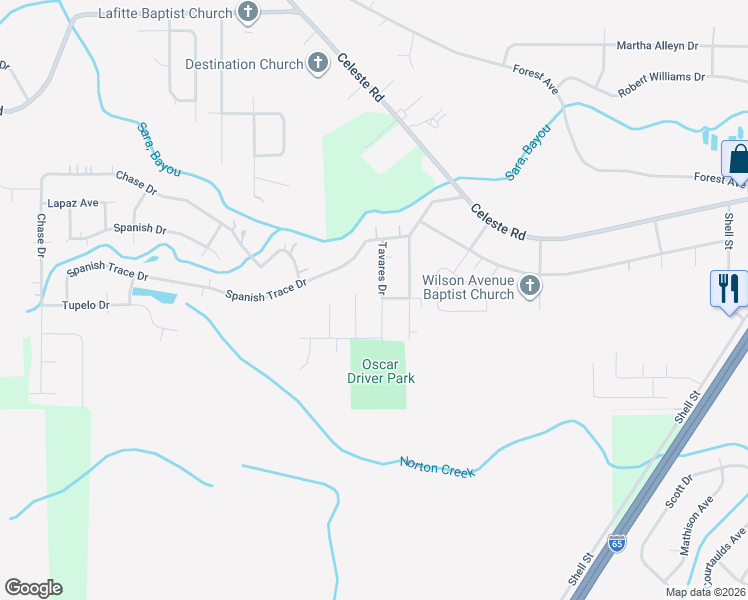 map of restaurants, bars, coffee shops, grocery stores, and more near 208 Tavares Drive in Saraland
