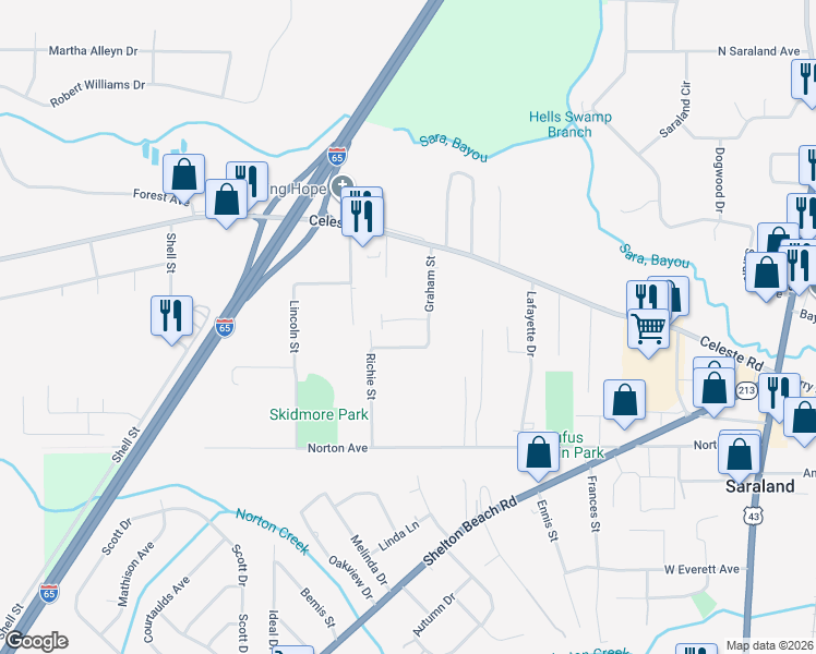 map of restaurants, bars, coffee shops, grocery stores, and more near 901-999 Kimberly Dr in Saraland