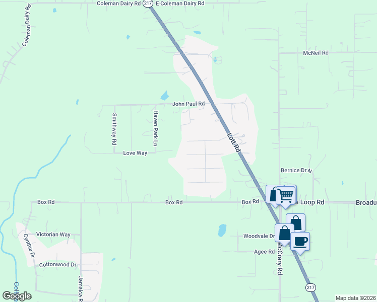 map of restaurants, bars, coffee shops, grocery stores, and more near 9515 Hunters Way Drive in Semmes