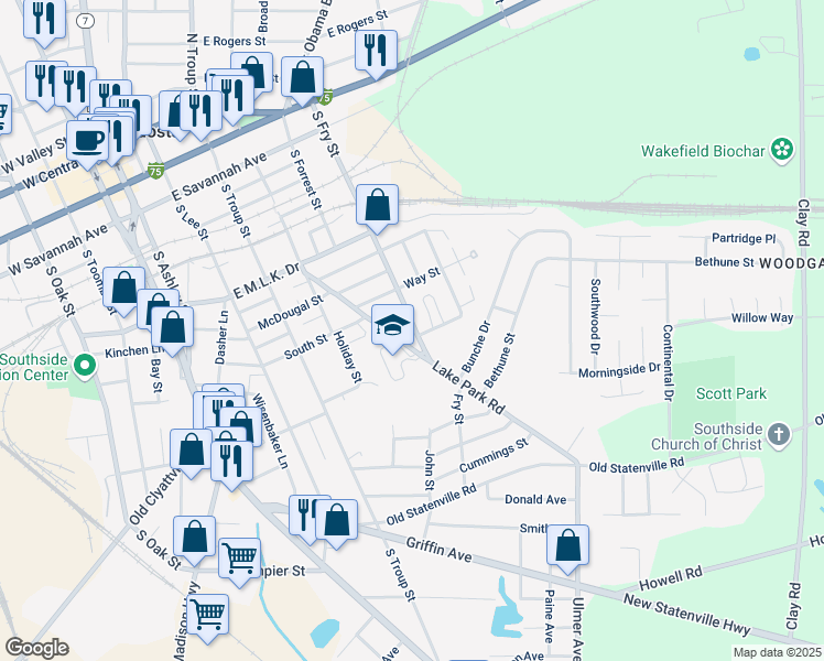 map of restaurants, bars, coffee shops, grocery stores, and more near 706 South Fry Street in Valdosta