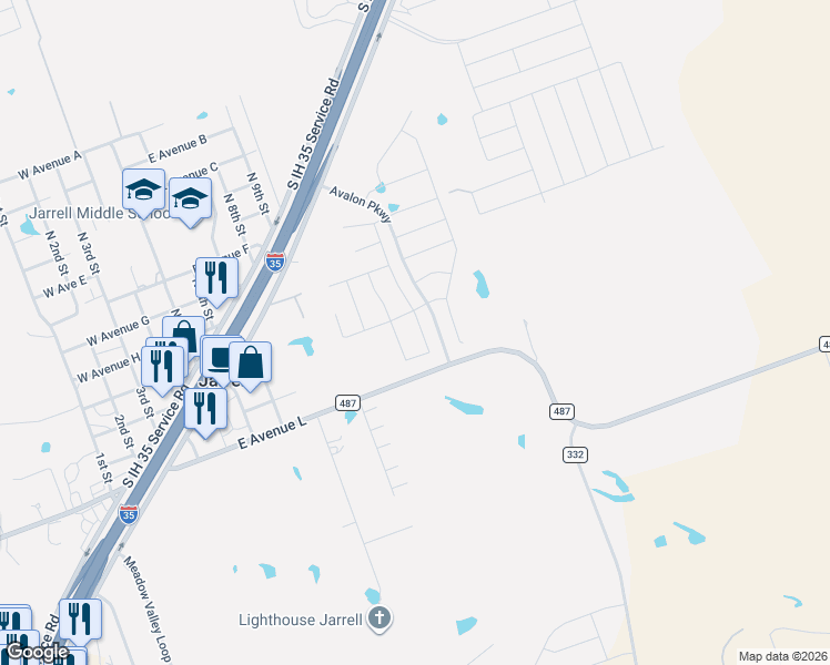 map of restaurants, bars, coffee shops, grocery stores, and more near 145 Stratton Lane in Jarrell