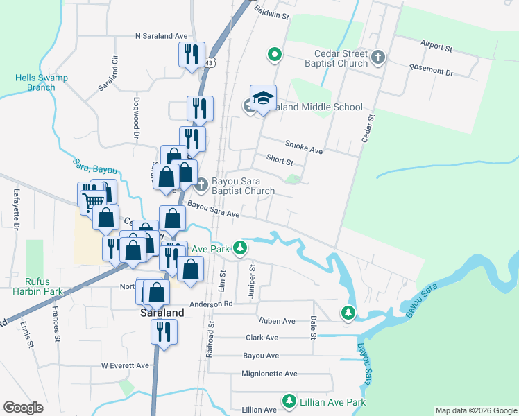 map of restaurants, bars, coffee shops, grocery stores, and more near 130 Bayou Sara Avenue in Saraland