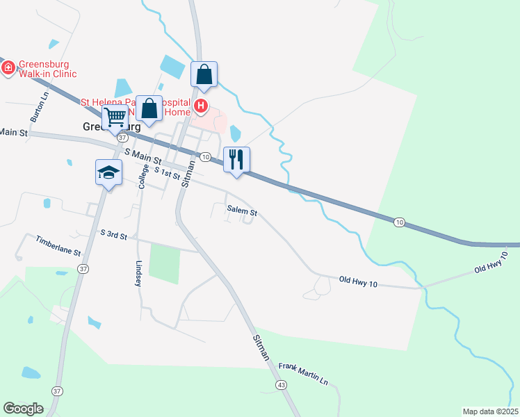 map of restaurants, bars, coffee shops, grocery stores, and more near 1072 Louisiana 10 Spur in Greensburg