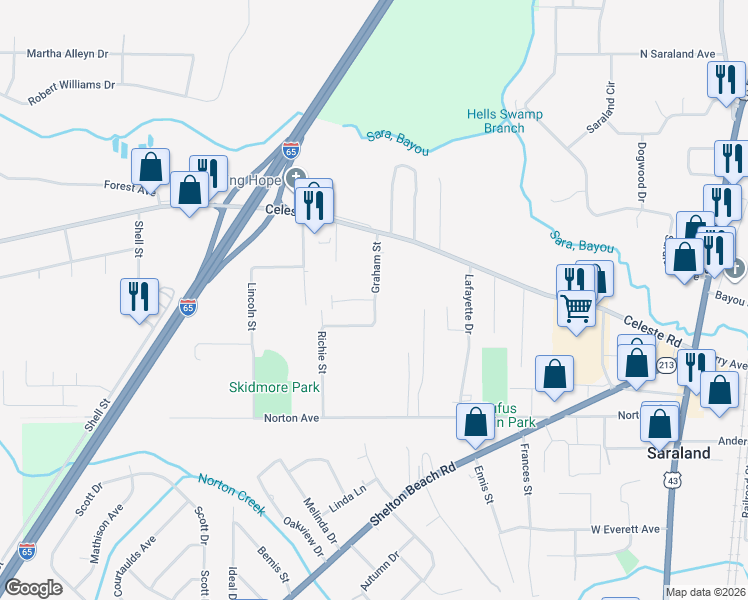 map of restaurants, bars, coffee shops, grocery stores, and more near 999 Kimberly Drive in Saraland
