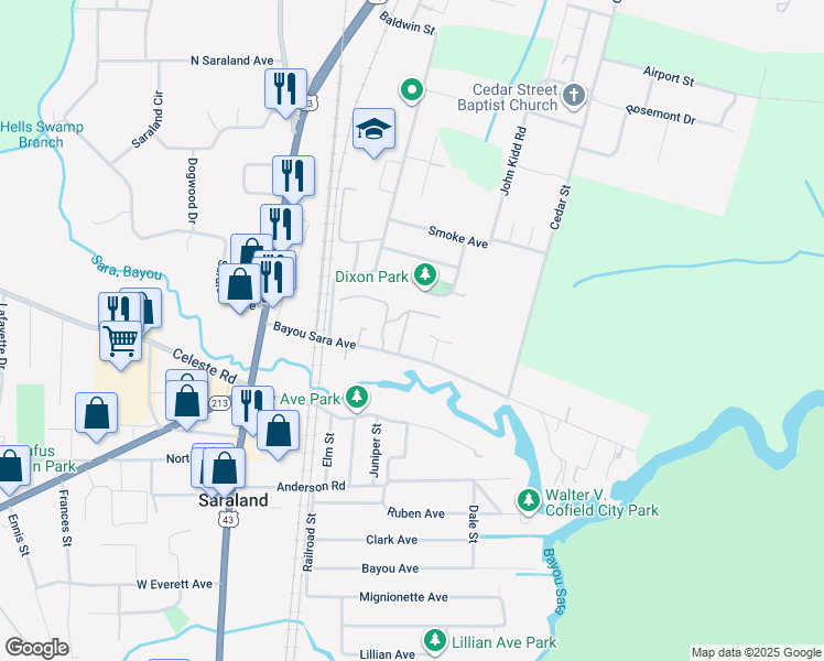 map of restaurants, bars, coffee shops, grocery stores, and more near 208 Trixie Court in Saraland
