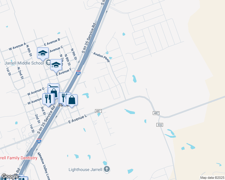 map of restaurants, bars, coffee shops, grocery stores, and more near 145 Stratton Lane in Jarrell