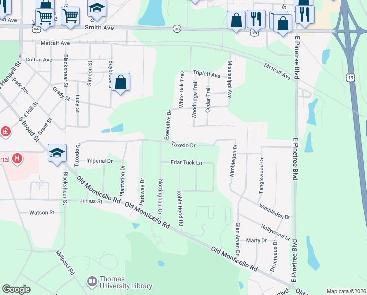 map of restaurants, bars, coffee shops, grocery stores, and more near 310 Tuxedo Drive in Thomasville