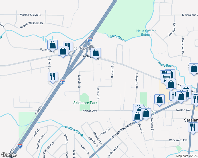 map of restaurants, bars, coffee shops, grocery stores, and more near 202 Church Street in Saraland