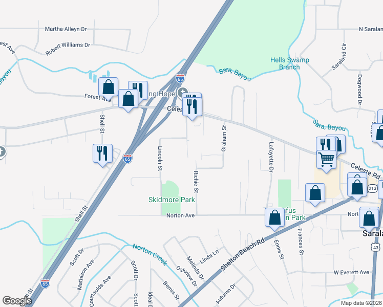 map of restaurants, bars, coffee shops, grocery stores, and more near 202 Church Street in Saraland