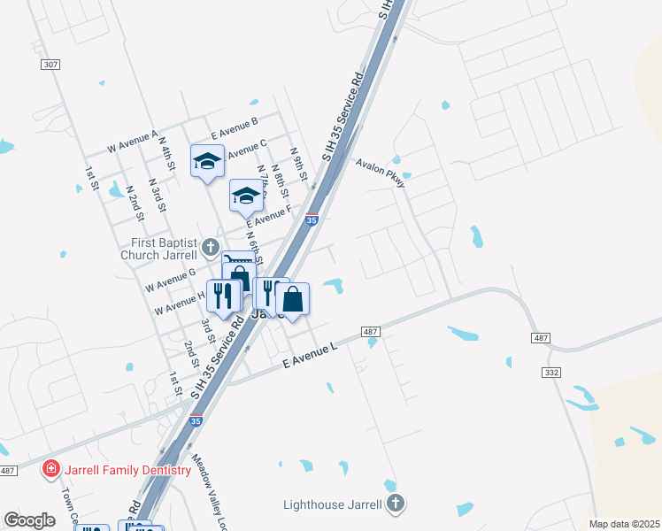 map of restaurants, bars, coffee shops, grocery stores, and more near 202 Avenue I in Jarrell