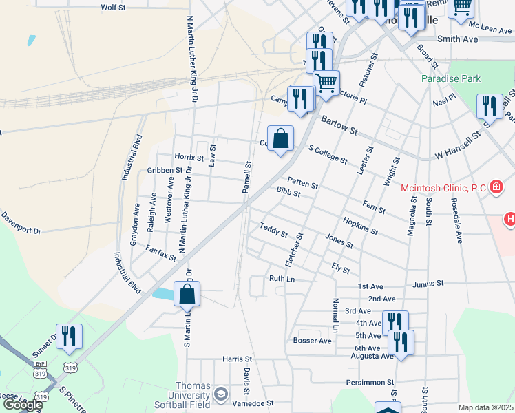 map of restaurants, bars, coffee shops, grocery stores, and more near 93 Jones Street in Thomasville