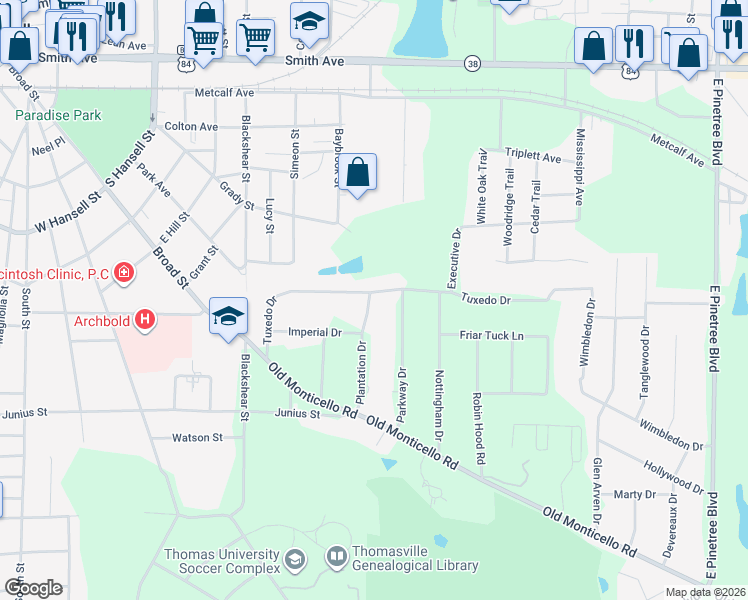 map of restaurants, bars, coffee shops, grocery stores, and more near 132 Plantation Drive in Thomasville