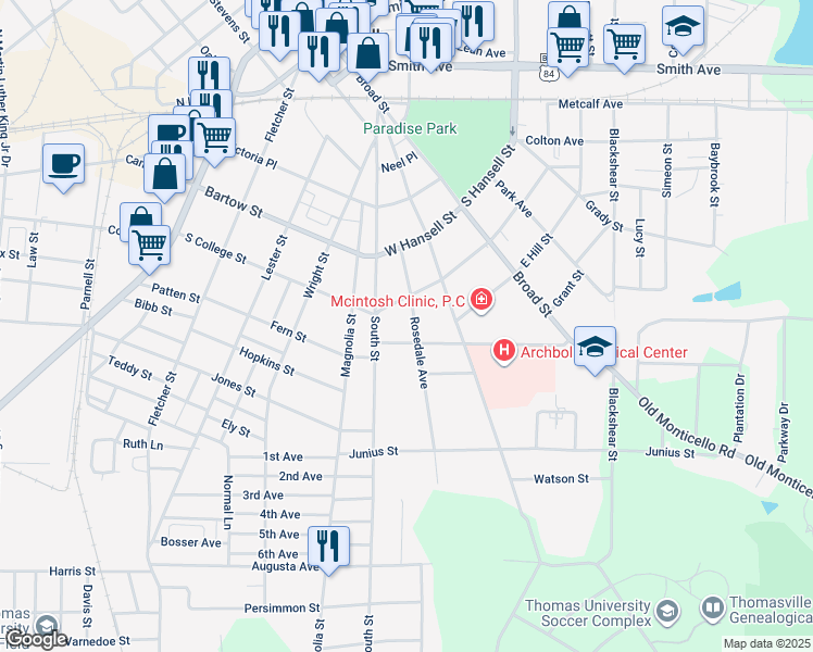map of restaurants, bars, coffee shops, grocery stores, and more near 214 Rosedale Avenue in Thomasville