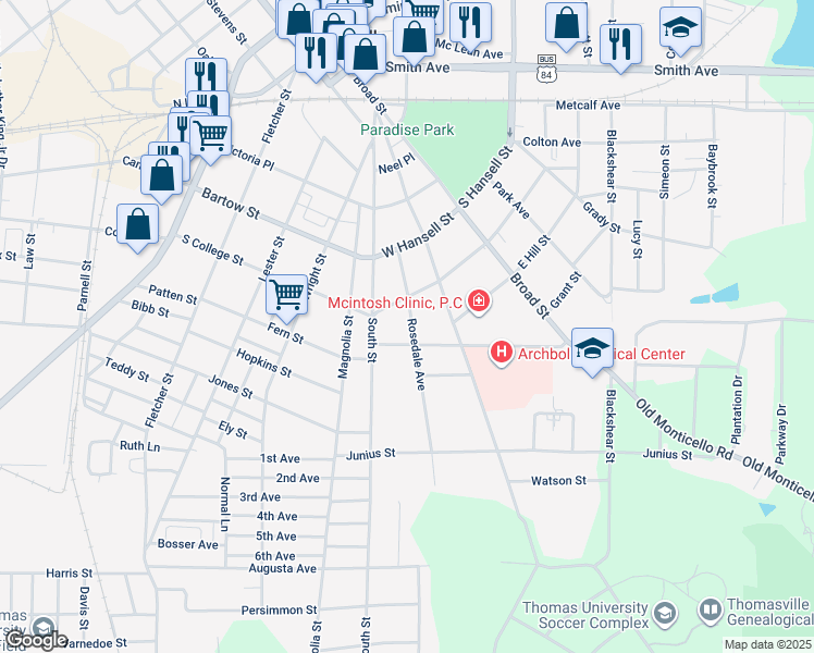 map of restaurants, bars, coffee shops, grocery stores, and more near 214 Rosedale Avenue in Thomasville