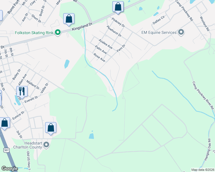 map of restaurants, bars, coffee shops, grocery stores, and more near 1080 Pinewood Street in Folkston