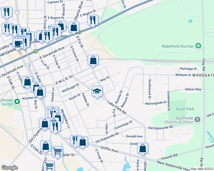 map of restaurants, bars, coffee shops, grocery stores, and more near 706 South Fry Street in Valdosta