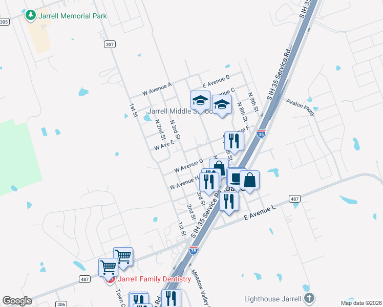 map of restaurants, bars, coffee shops, grocery stores, and more near 204 West Avenue G in Jarrell