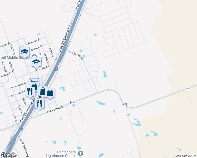 map of restaurants, bars, coffee shops, grocery stores, and more near 228 Allington Circle in Jarrell