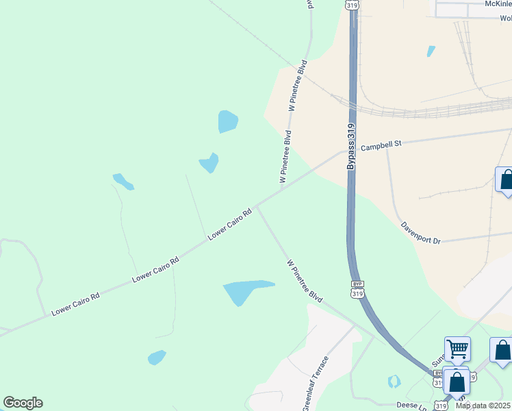 map of restaurants, bars, coffee shops, grocery stores, and more near Lower Cairo Rd & W Pinetree Blvd in Thomasville