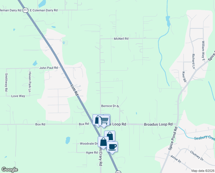map of restaurants, bars, coffee shops, grocery stores, and more near 9100-9108 Robley Lane in Semmes