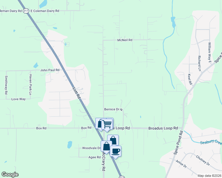 map of restaurants, bars, coffee shops, grocery stores, and more near 9100-9108 Robley Lane in Semmes