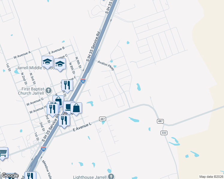 map of restaurants, bars, coffee shops, grocery stores, and more near 517 Locksley Cove in Jarrell
