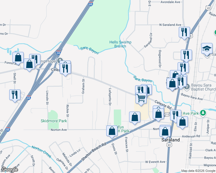 map of restaurants, bars, coffee shops, grocery stores, and more near 328 Celeste Road in Saraland