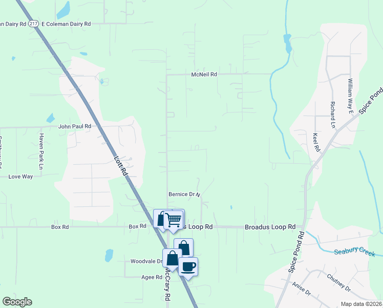 map of restaurants, bars, coffee shops, grocery stores, and more near 9050 Robley Lane in Semmes