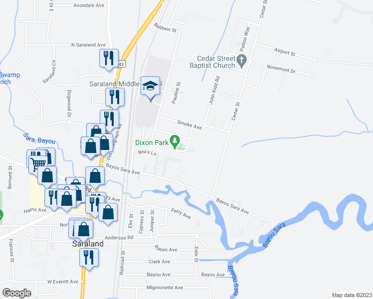 map of restaurants, bars, coffee shops, grocery stores, and more near 299 Shady Oak Street in Saraland