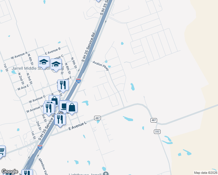 map of restaurants, bars, coffee shops, grocery stores, and more near 517 Locksley Cove in Jarrell