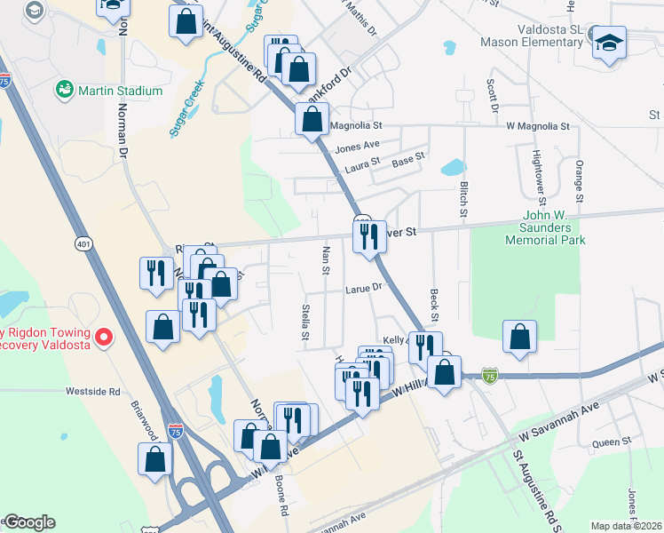 map of restaurants, bars, coffee shops, grocery stores, and more near 308 Nan Street in Valdosta