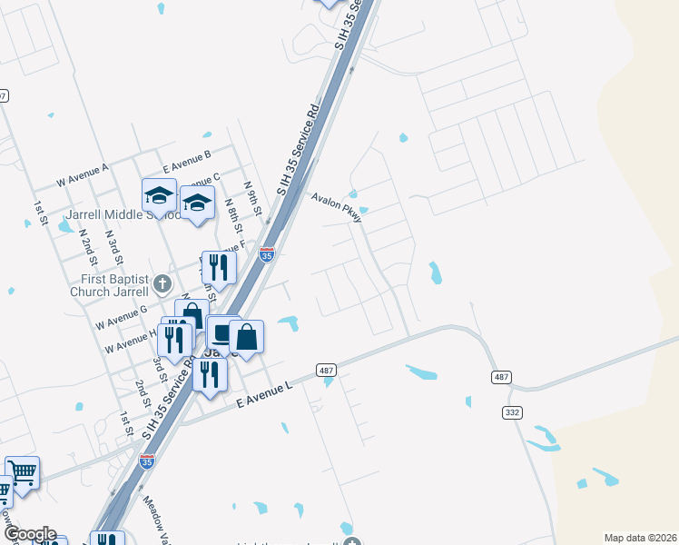 map of restaurants, bars, coffee shops, grocery stores, and more near 13150 South IH 35 Service Road in Jarrell