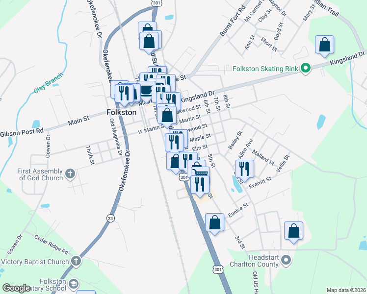 map of restaurants, bars, coffee shops, grocery stores, and more near 1259 3rd Street in Folkston