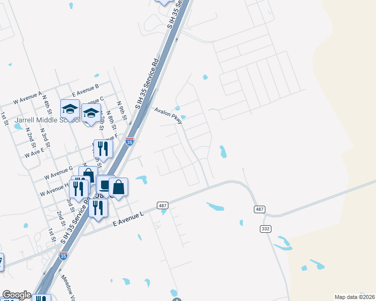 map of restaurants, bars, coffee shops, grocery stores, and more near 517 Locksley Cove in Jarrell