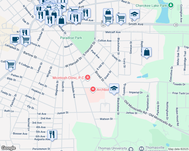 map of restaurants, bars, coffee shops, grocery stores, and more near 910 South Broad Street in Thomasville