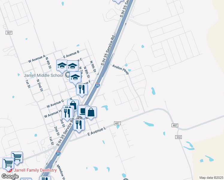 map of restaurants, bars, coffee shops, grocery stores, and more near 316 Silvercrest Lane in Jarrell