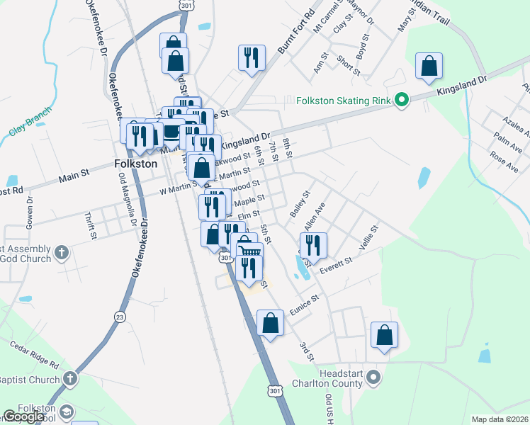 map of restaurants, bars, coffee shops, grocery stores, and more near 295 Bay Street in Folkston